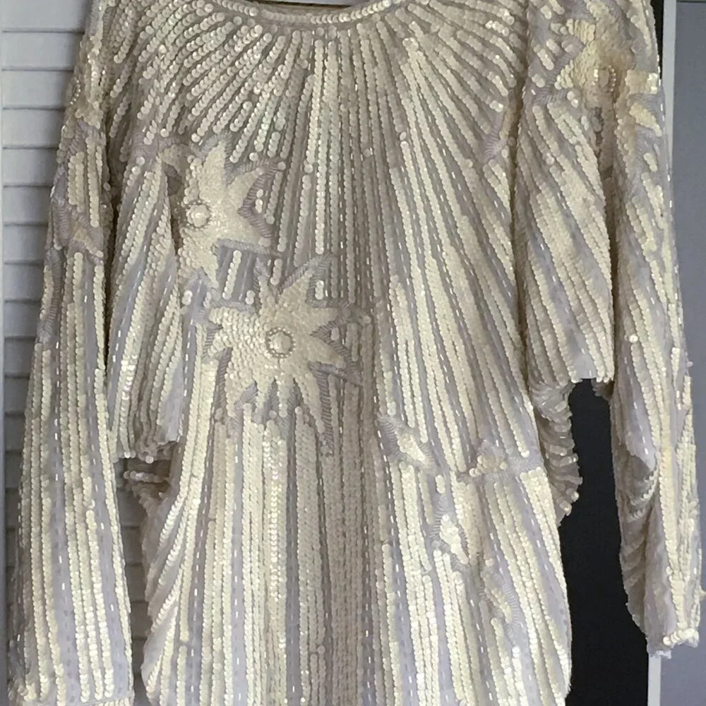 1980s Vintage Cream Sequin Chinese Silk Long Sleeve Blouse. - Picture 14 of 16